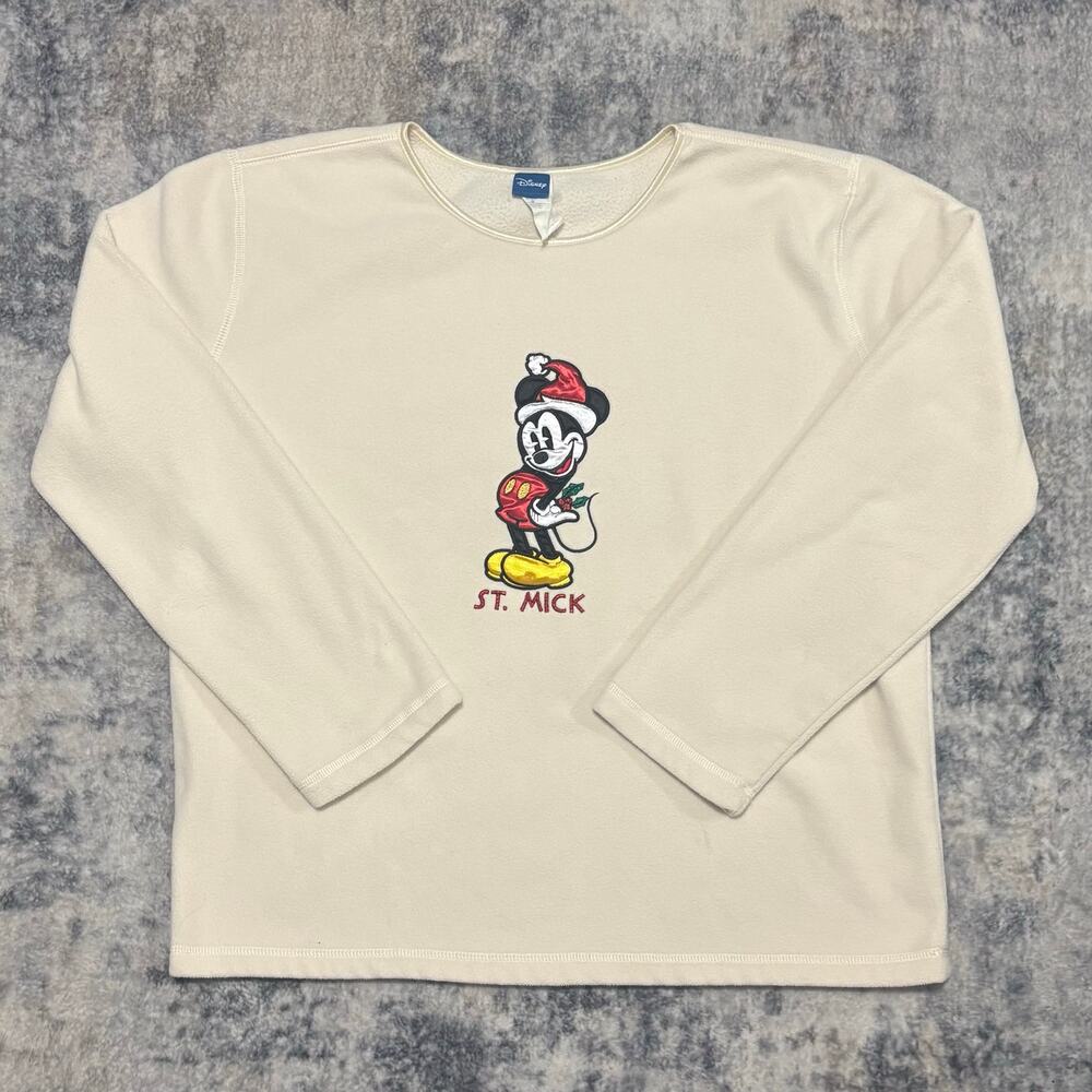 Disney St. Mick Holiday Fleece Top - Off White Mickey Mouse Crewneck Large